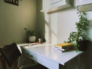 A writing space that consists of a clear space on a desk, small stack of books, plants to make the writer happy, a comfortable chair, and the perfect amount of natural light.